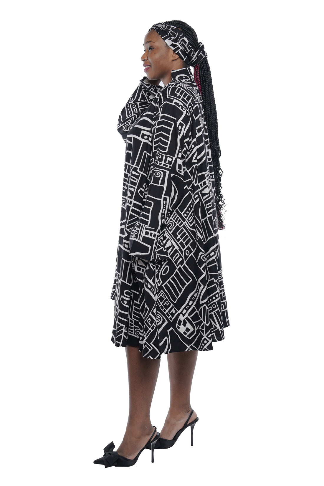 Black &amp; White Rayon Button Up Swing Dress