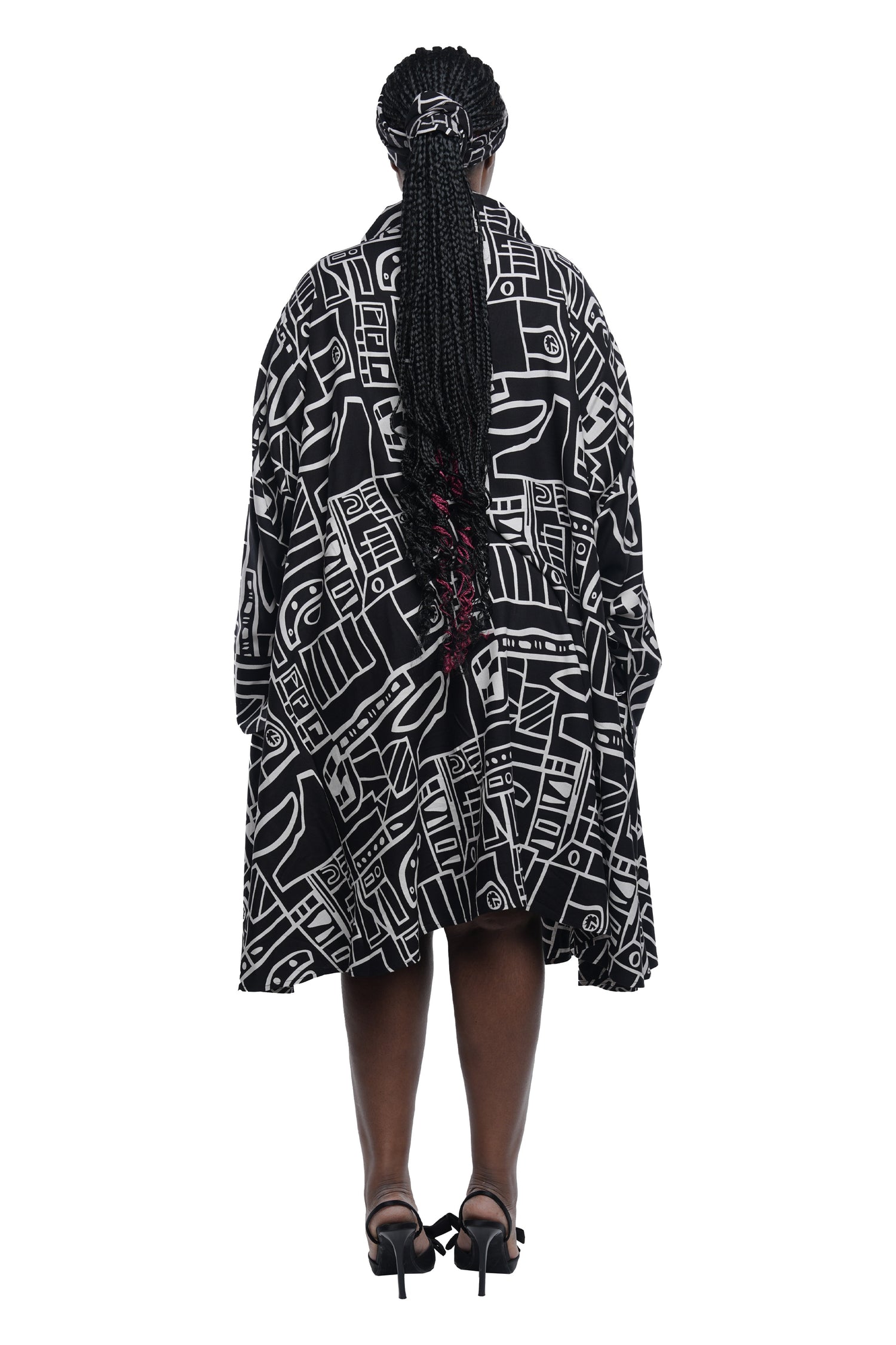 Black &amp; White Rayon Button Up Swing Dress