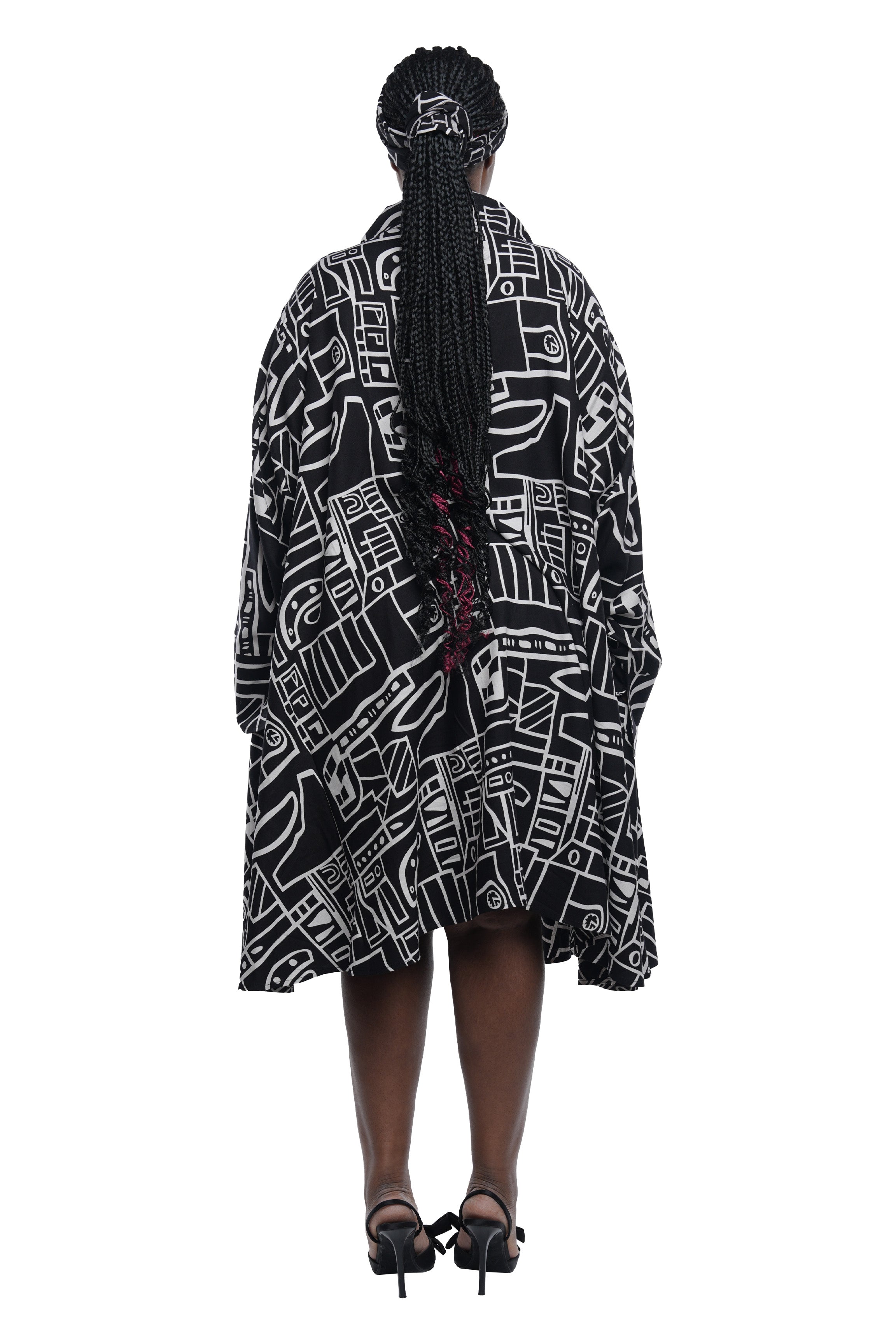 Black &amp; White Rayon Button Up Swing Dress