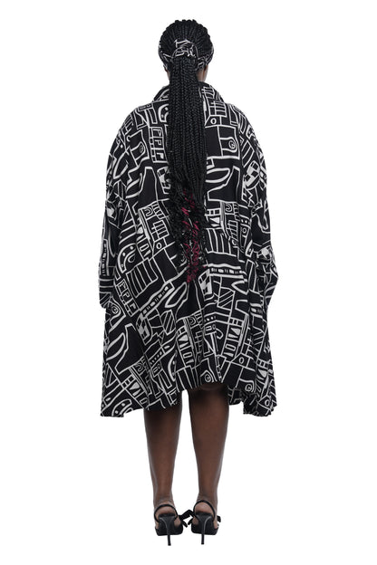 Black &amp; White Rayon Button Up Swing Dress