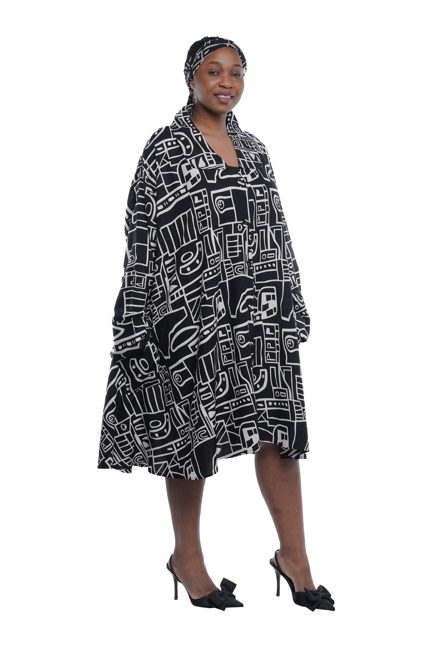 Black &amp; White Rayon Button Up Swing Dress