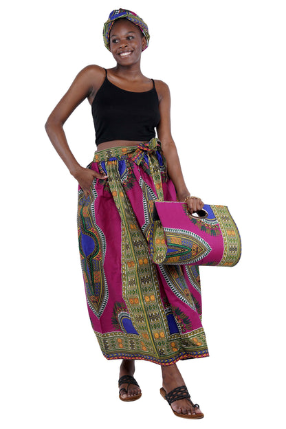 Purple Dashiki Long Maxi Skirt &amp; Handbag Set