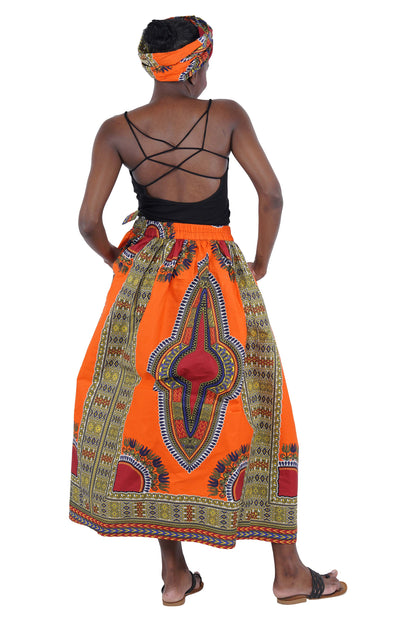 Orange Dashiki Long Maxi Skirt &amp; Handbag Set