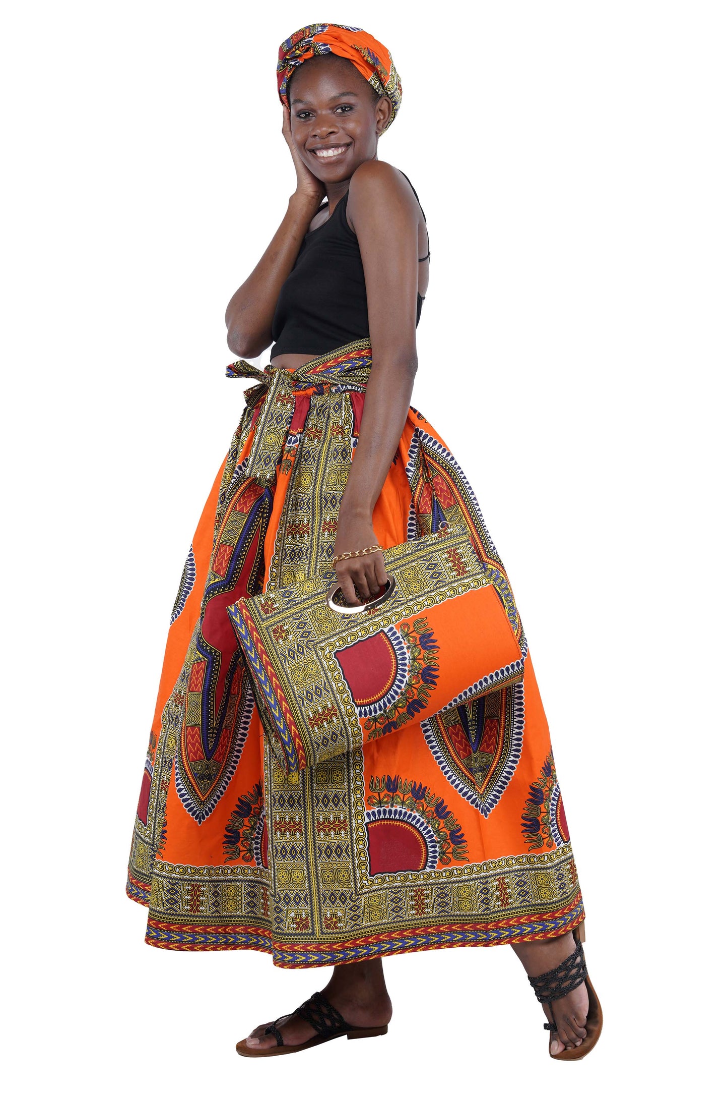 Orange Dashiki Long Maxi Skirt & Handbag Set