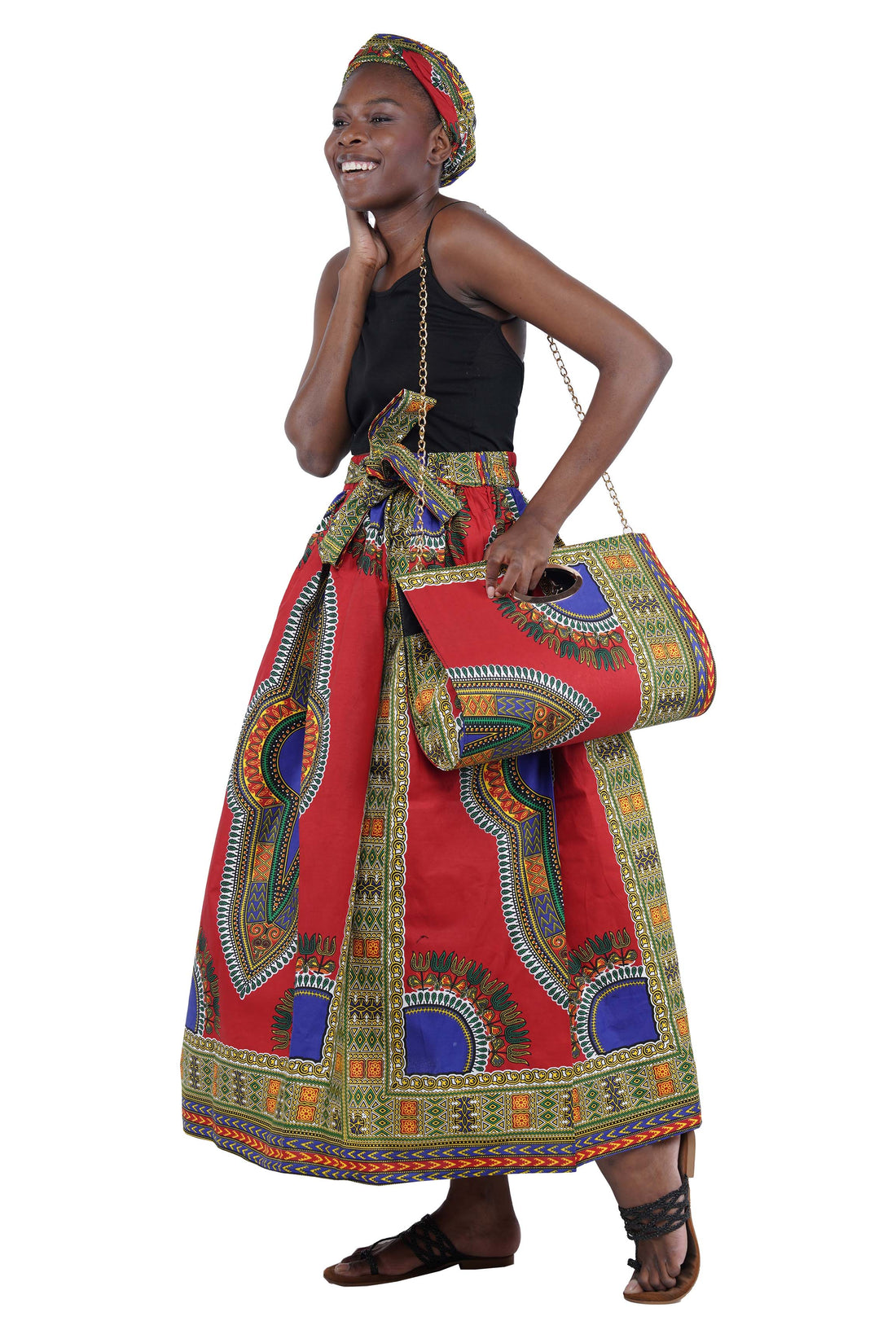 Red Dashiki Long Maxi Skirt &amp; Handbag Set