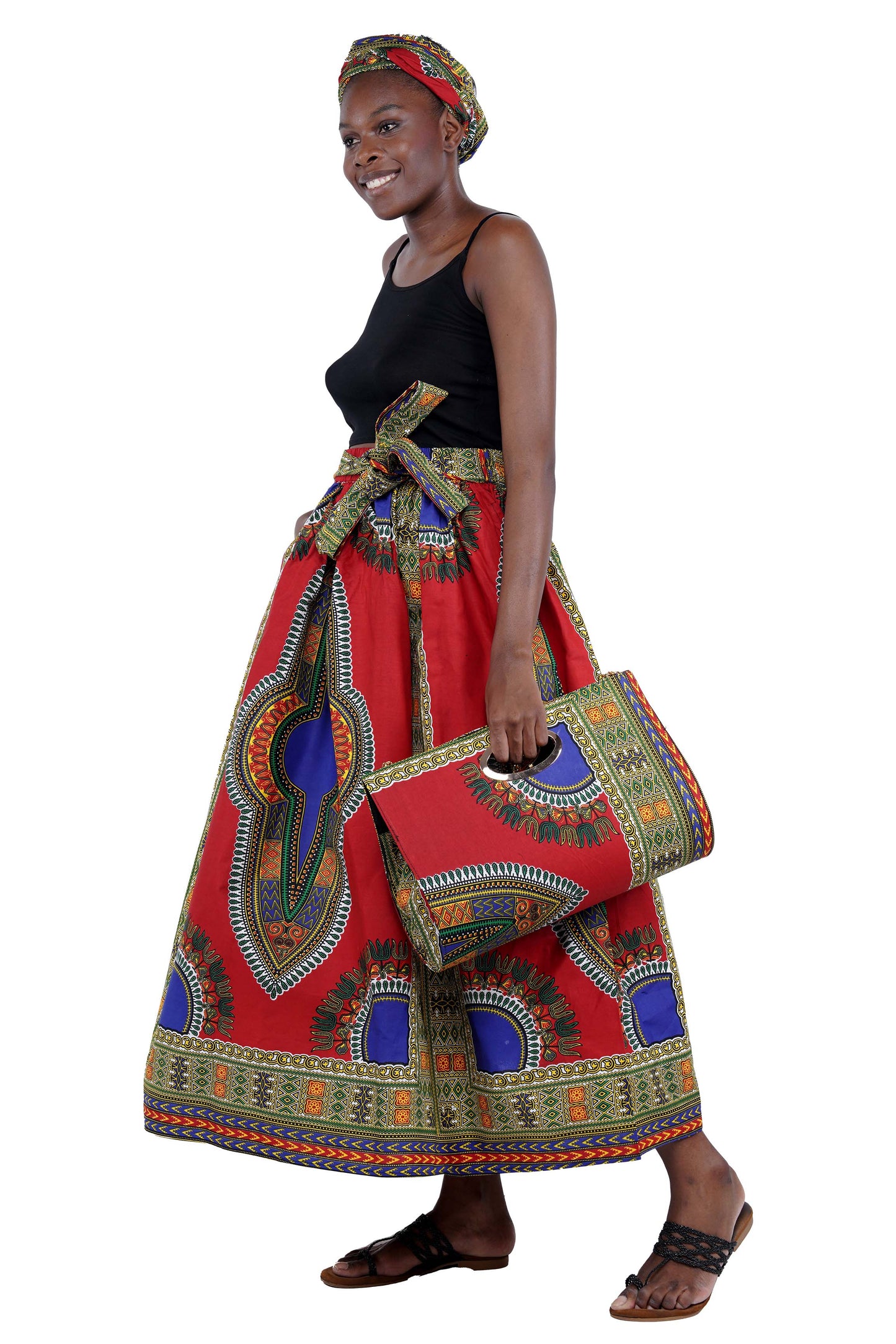 Red Dashiki Long Maxi Skirt & Handbag Set