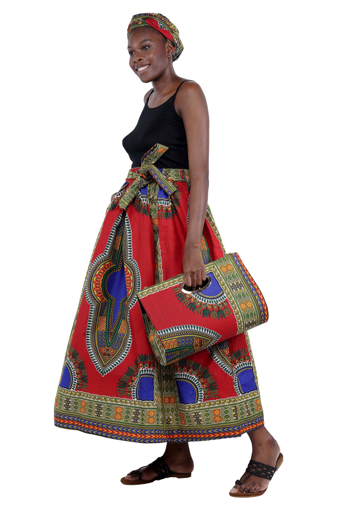 Red Dashiki Long Maxi Skirt &amp; Handbag Set