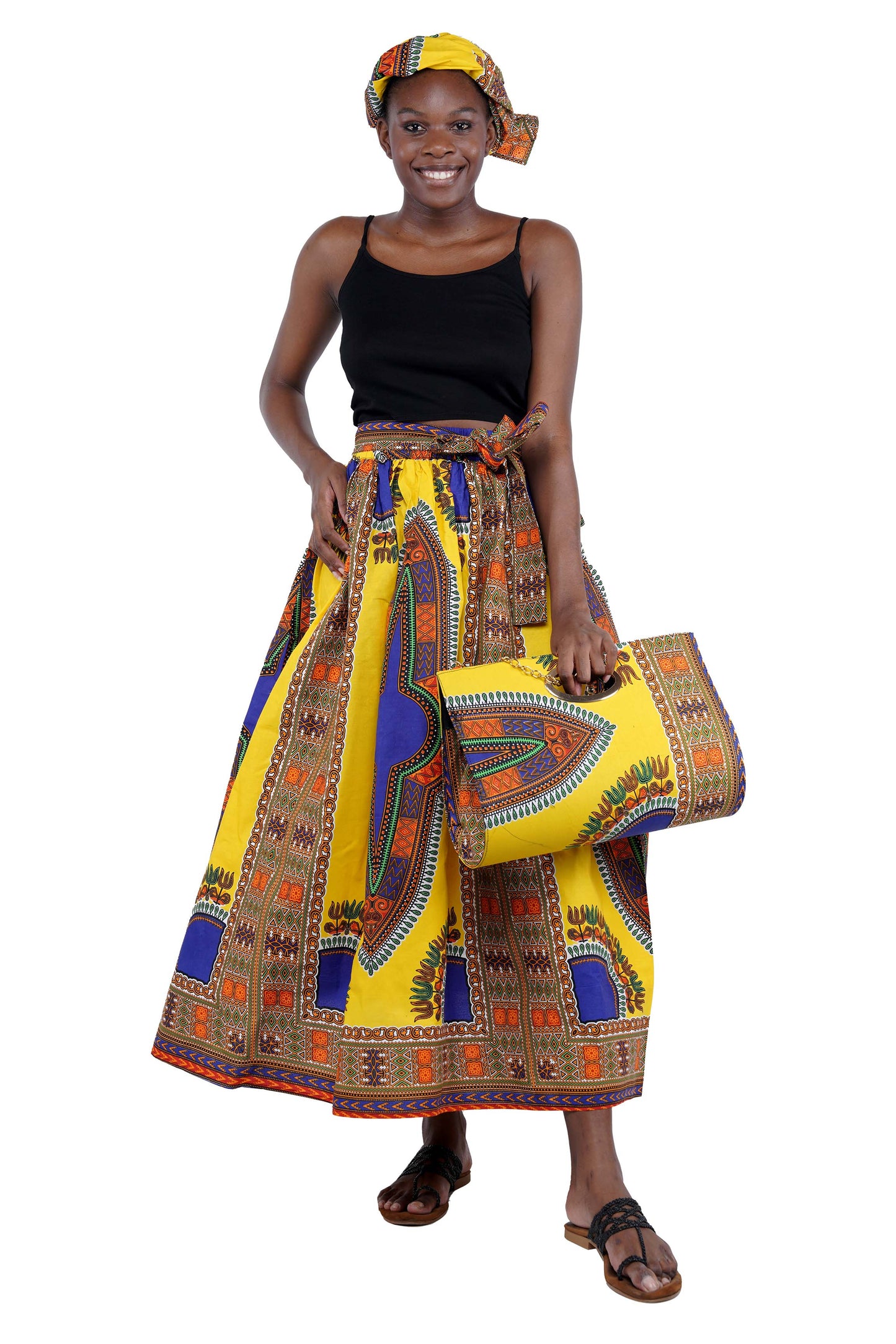 Yellow Dashiki Long Maxi Skirt & Handbag Set