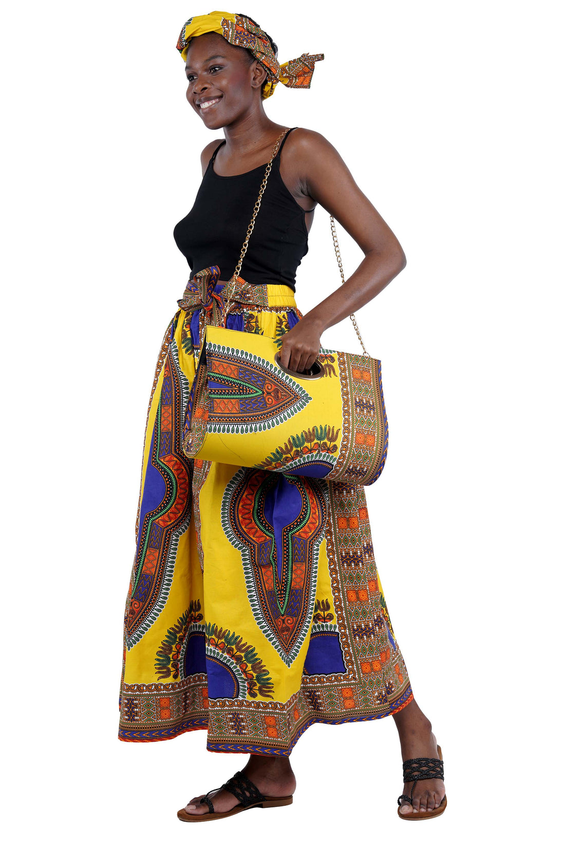 Yellow Dashiki Long Maxi Skirt &amp; Handbag Set