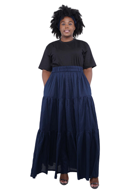 Women Navy Blue Long Maxi Tiered Skirt