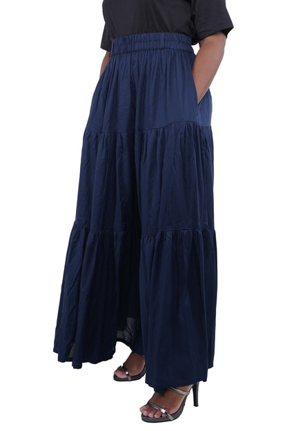 Women Navy Blue Long Maxi Tiered Skirt