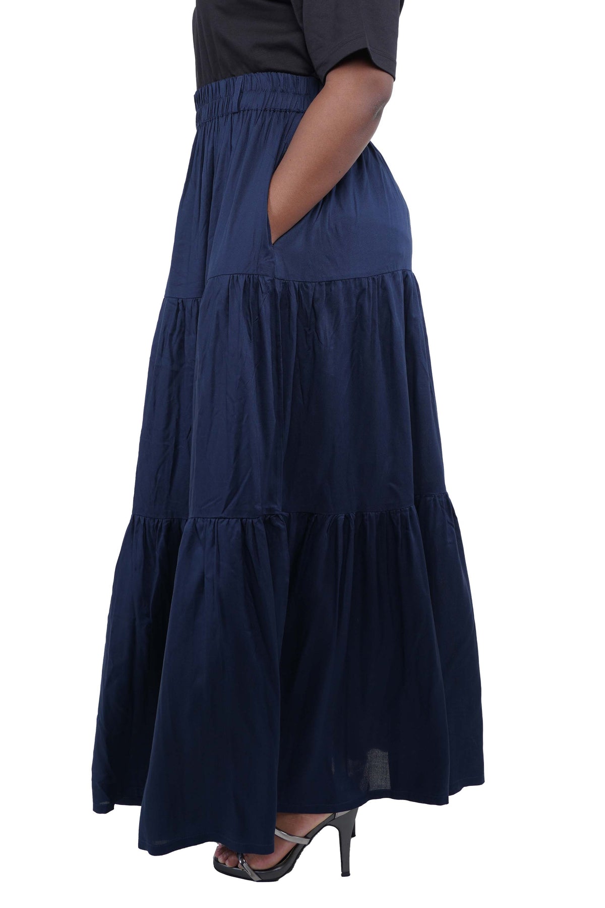 Women Navy Blue Long Maxi Tiered Skirt
