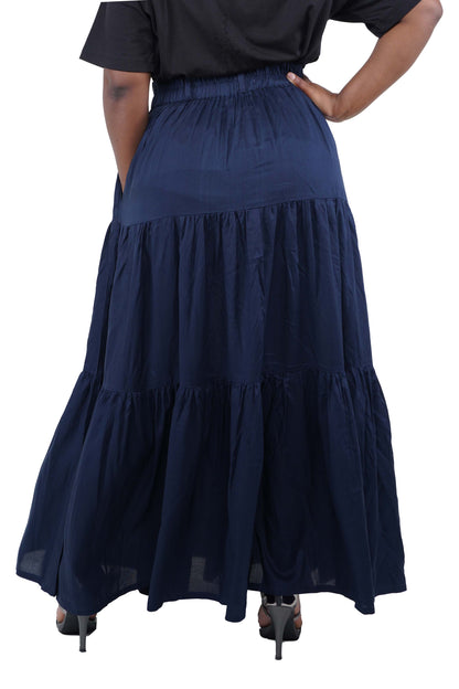 Women Navy Blue Long Maxi Tiered Skirt