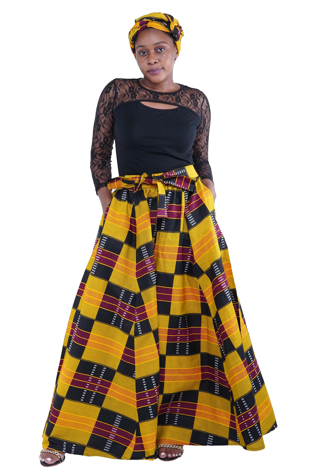 African Long Maxi Skirt 100% Cotton w/ Pockets &amp; Headwrap One Size 41” Length