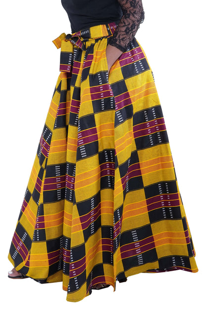 African Long Maxi Skirt 100% Cotton w/ Pockets &amp; Headwrap One Size 41” Length