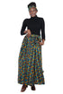 Woman wearing African print long maxi skirt in bold Ankara fabric, styled for cultural events, weddings, or everyday elegance.