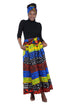 Woman wearing African print long maxi skirt in bold Ankara fabric, styled for cultural events, weddings, or everyday elegance.