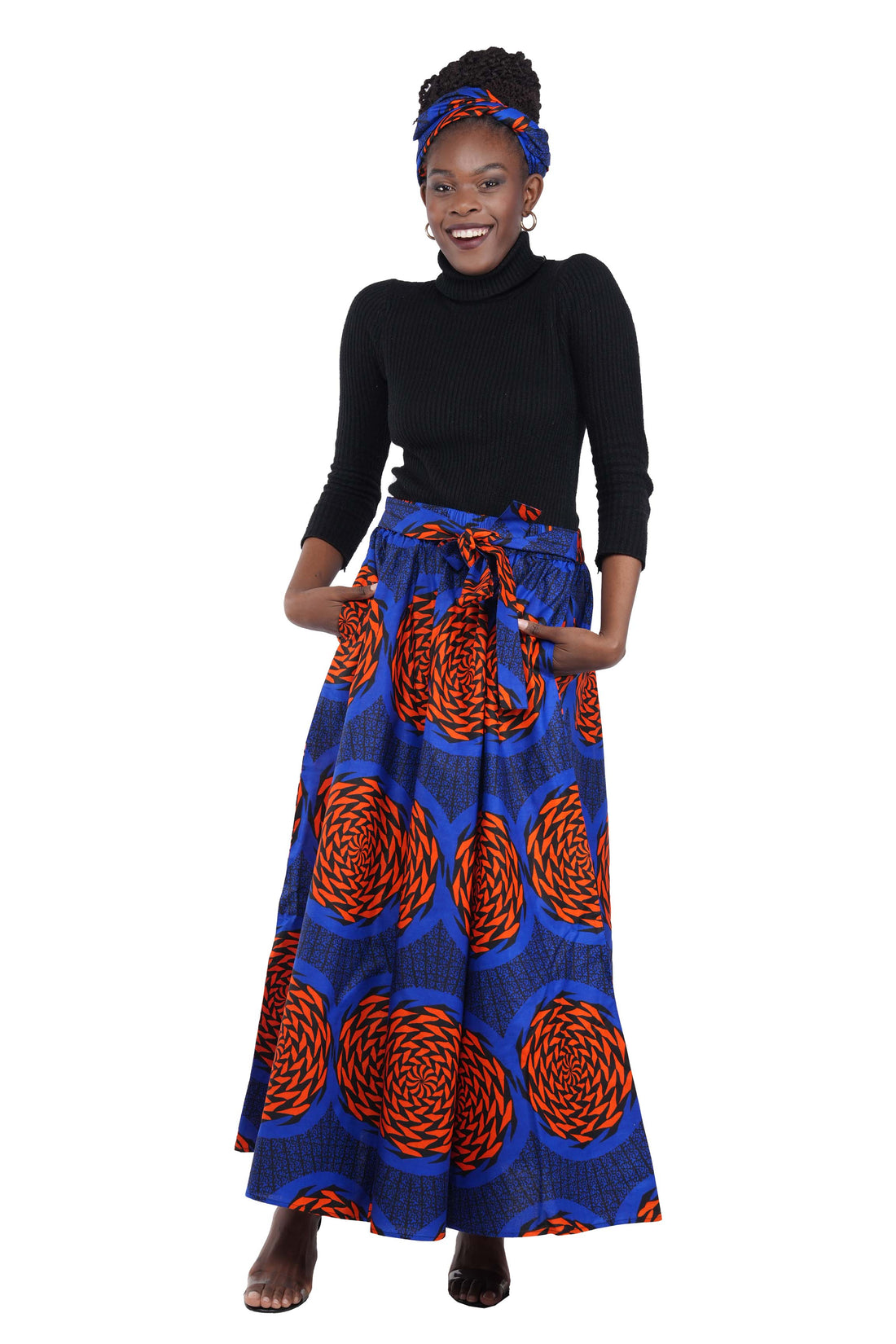 African Long Maxi Skirt 100% Cotton w/ Pockets &amp; Headwrap One Size 41” Length