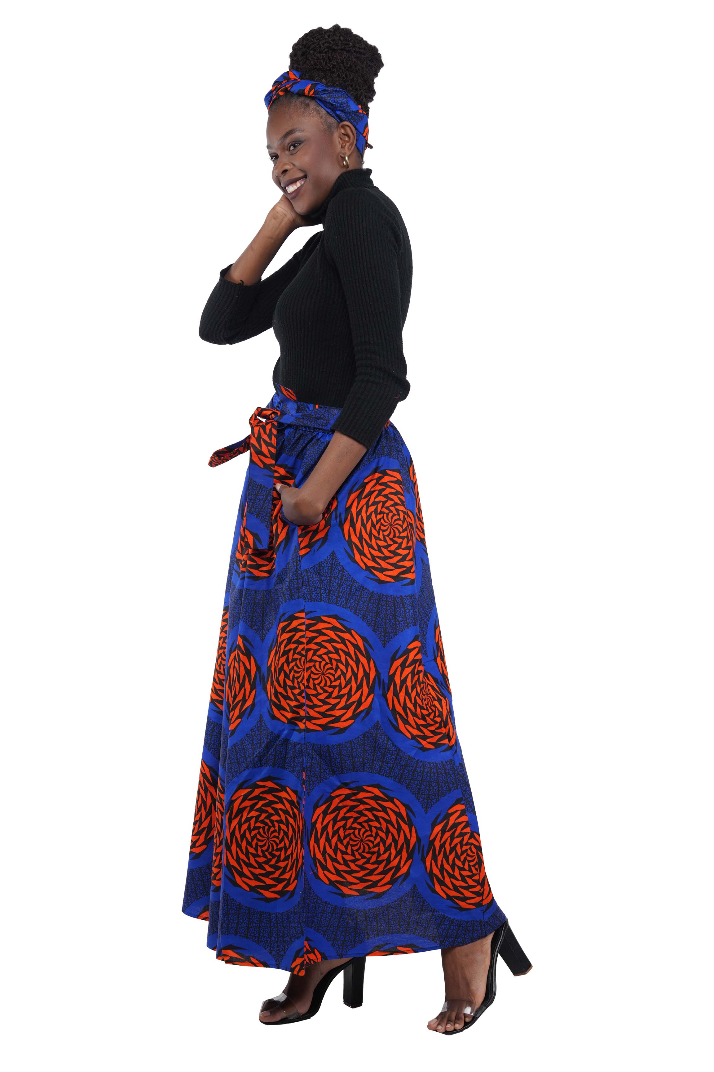 African Long Maxi Skirt 100% Cotton w/ Pockets &amp; Headwrap One Size 41” Length