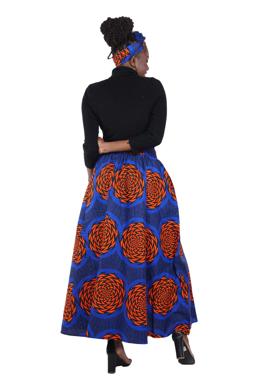 African Long Maxi Skirt 100% Cotton w/ Pockets &amp; Headwrap One Size 41” Length