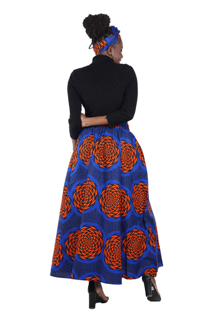 African Long Maxi Skirt 100% Cotton w/ Pockets &amp; Headwrap One Size 41” Length