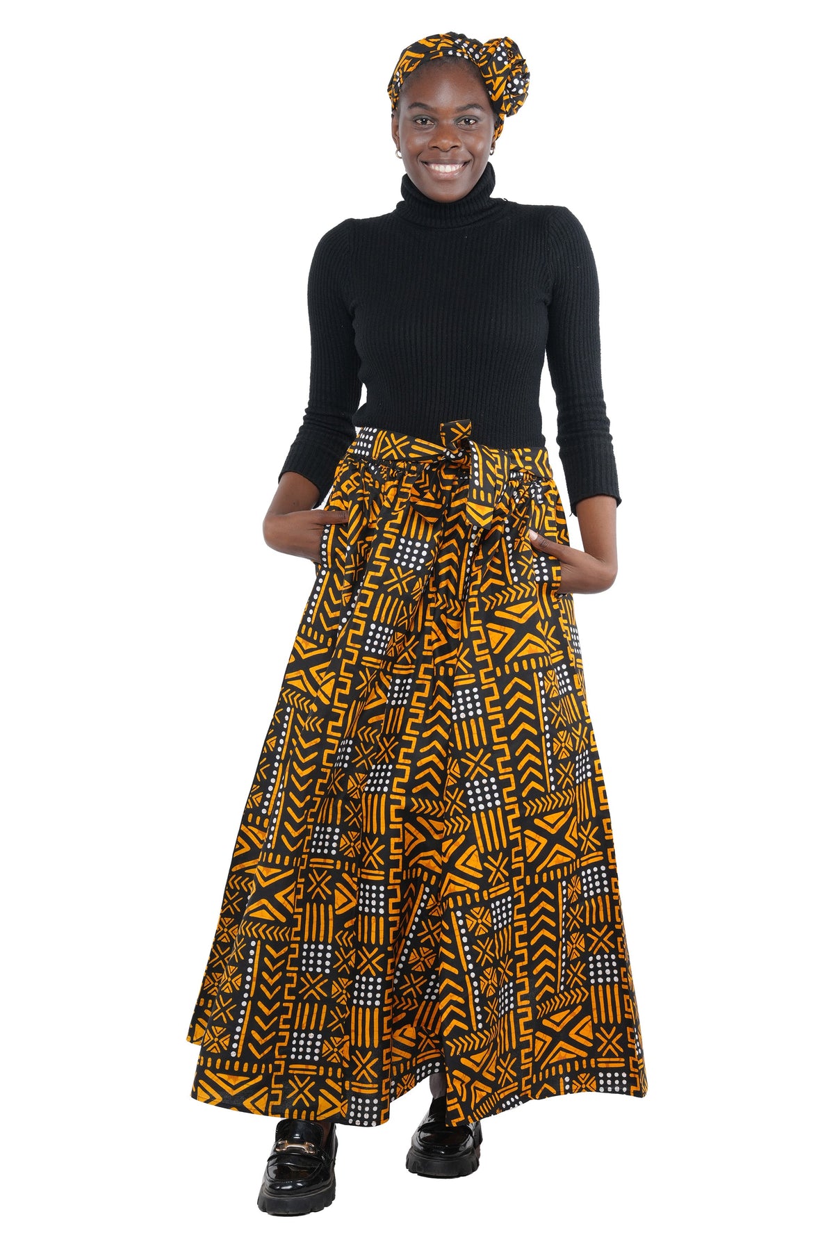 African print 8-panel maxi skirt for women with matching headwrap, front view