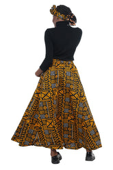 Back view of long African print cotton maxi skirt with eight-panel construction