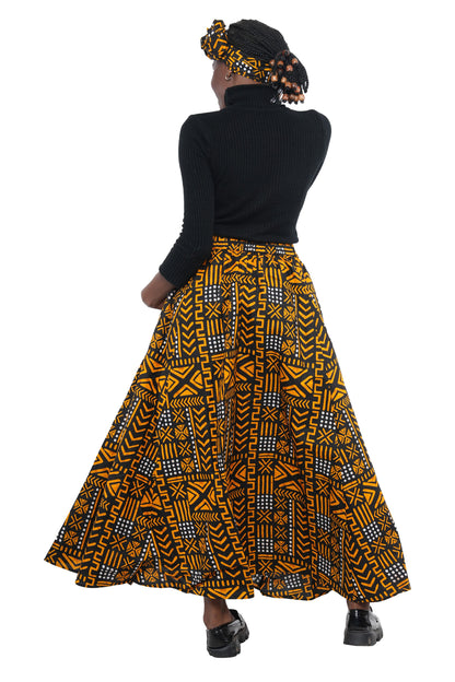 Back view of long African print cotton maxi skirt with eight-panel construction