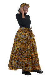 Close-up of elasticated waistband and attached pair of belts on African print cotton maxi skirt