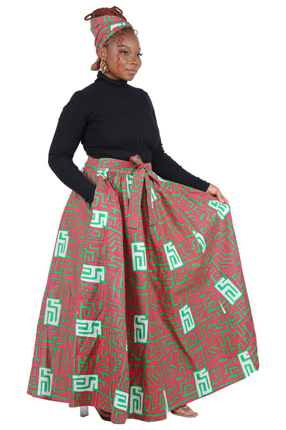 African Long Maxi Skirt 100% Cotton w/ Pockets &amp; Headwrap One Size 41” Length