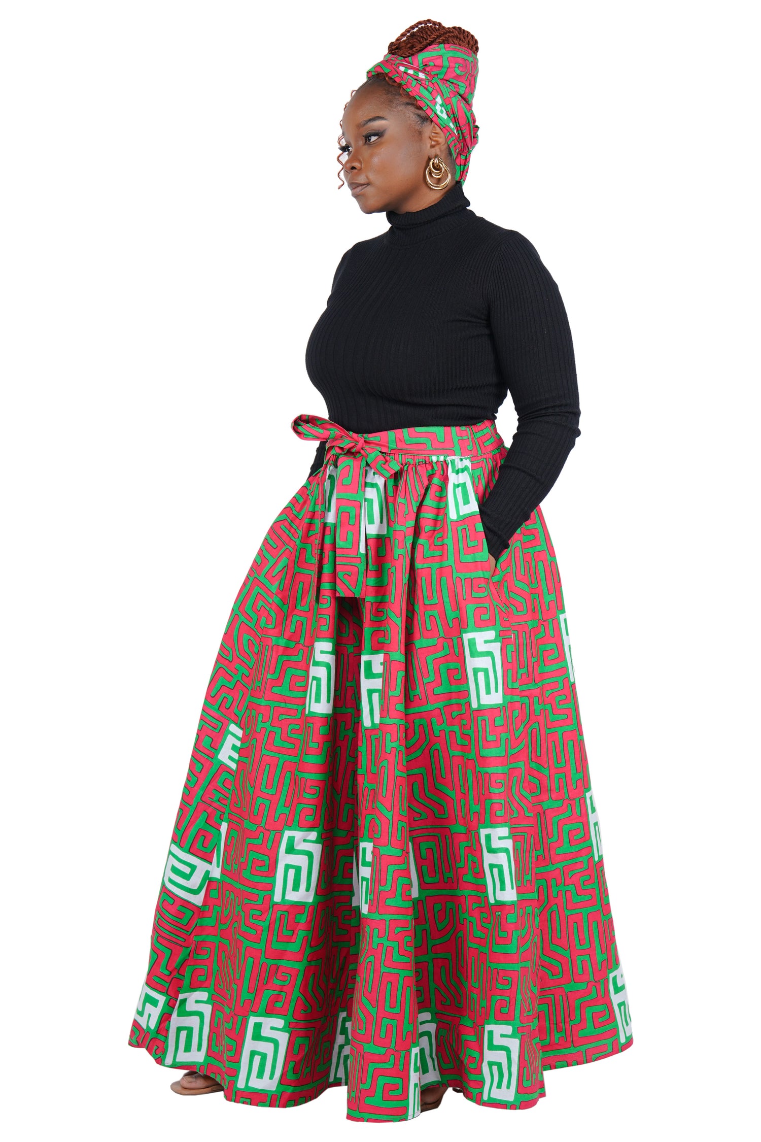 African Long Maxi Skirt 100% Cotton w/ Pockets &amp; Headwrap One Size 41” Length