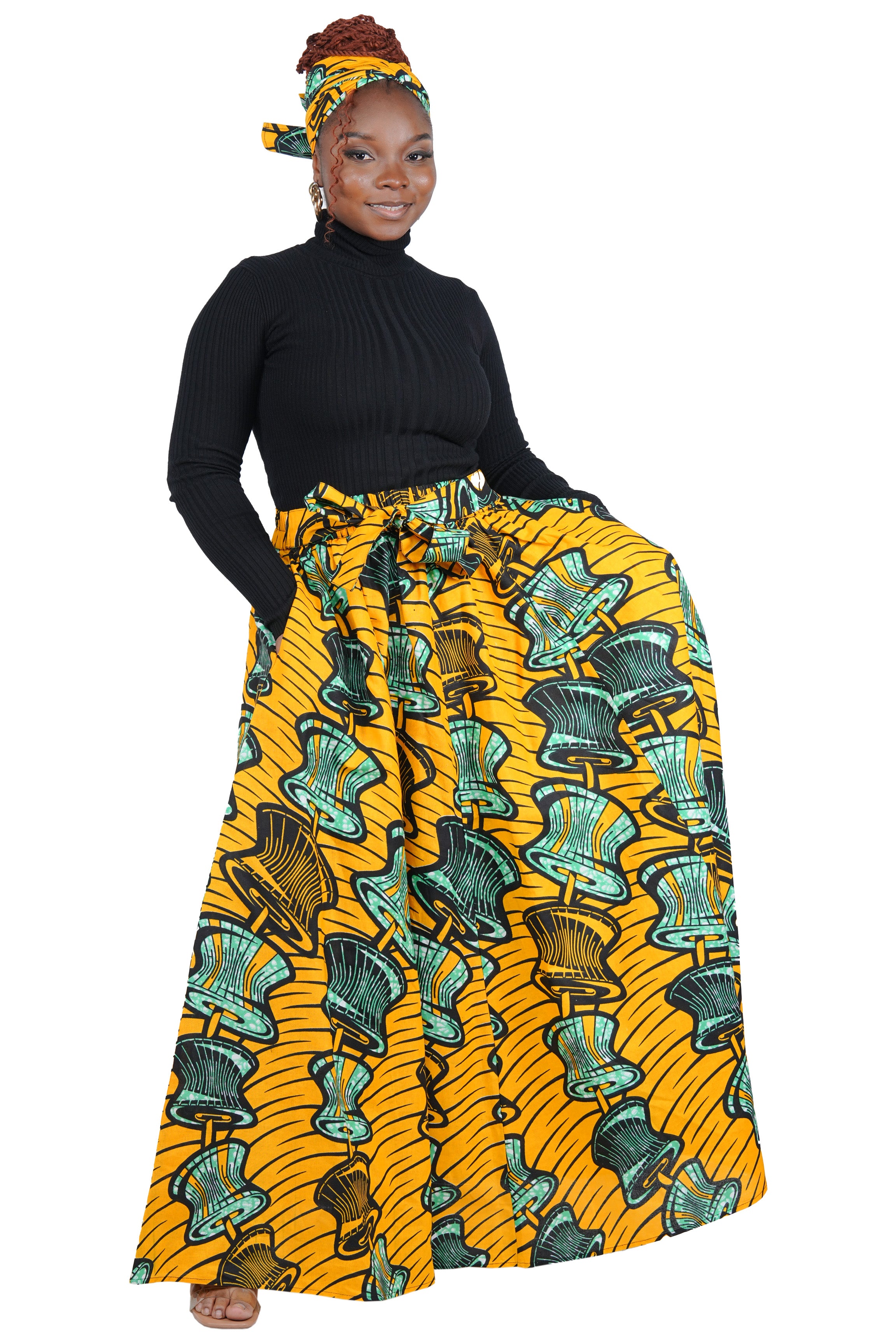 African Long Maxi Skirt 100% Cotton w/ Pockets &amp; Headwrap One Size 41” Length