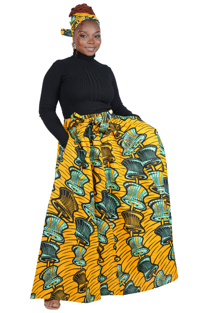 African Long Maxi Skirt 100% Cotton w/ Pockets &amp; Headwrap One Size 41” Length