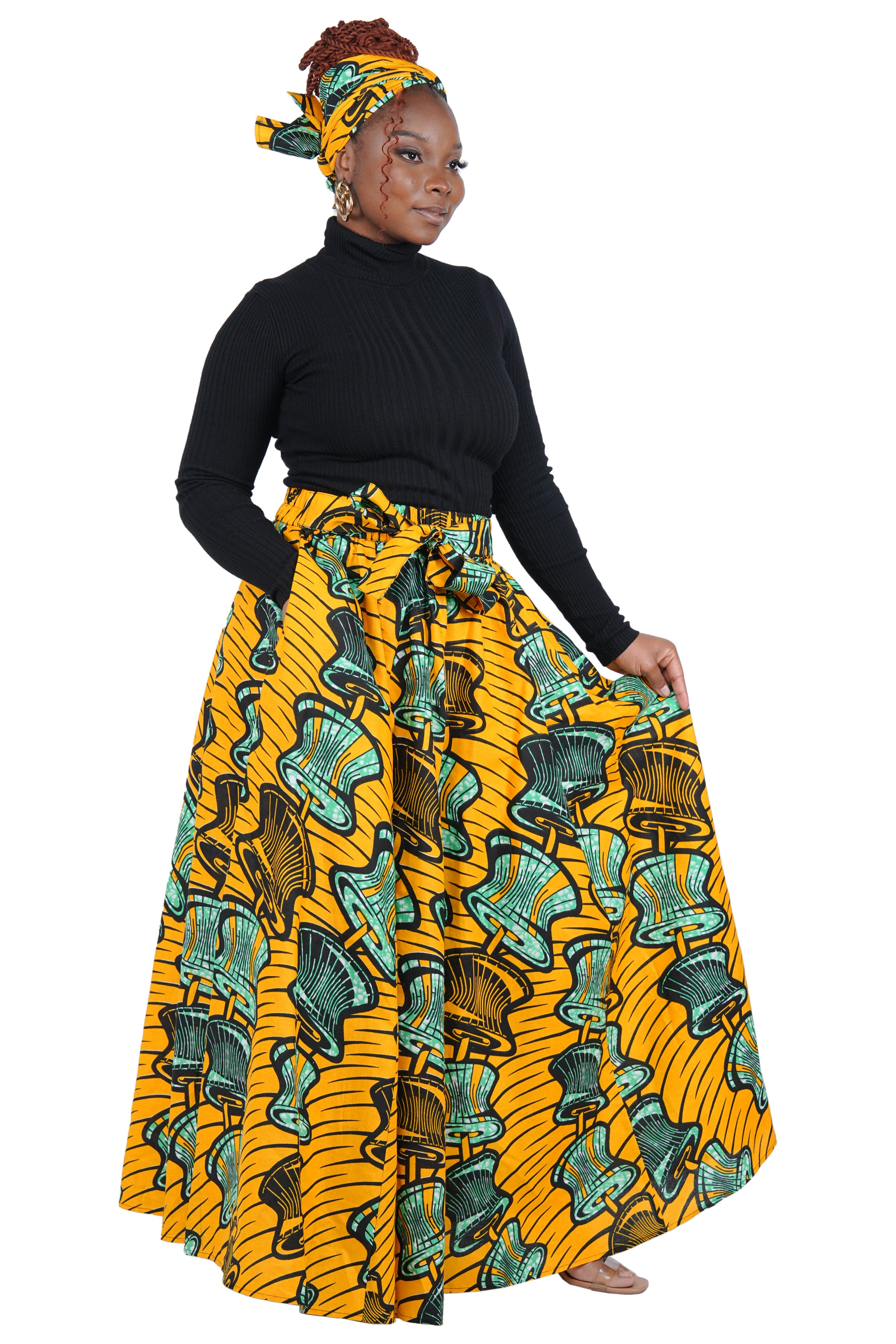 African Long Maxi Skirt 100% Cotton w/ Pockets &amp; Headwrap One Size 41” Length