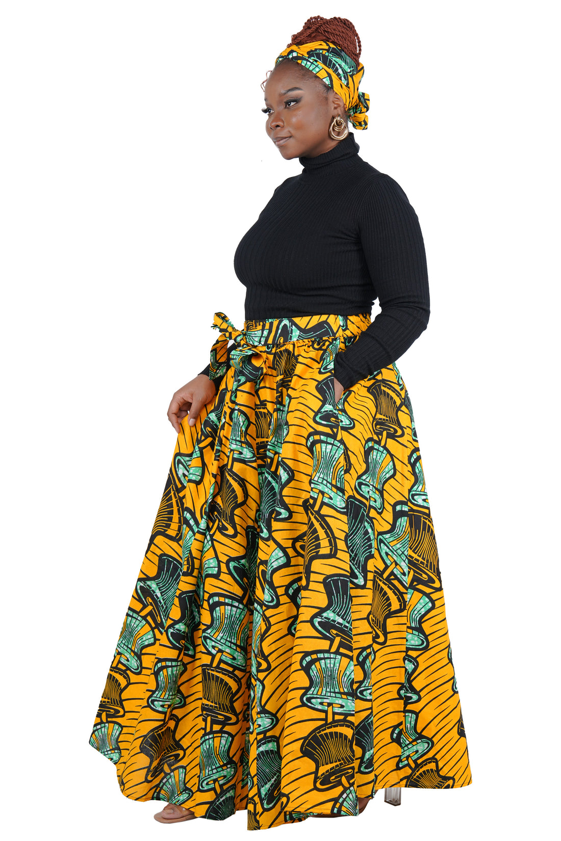 African Long Maxi Skirt 100% Cotton w/ Pockets &amp; Headwrap One Size 41” Length