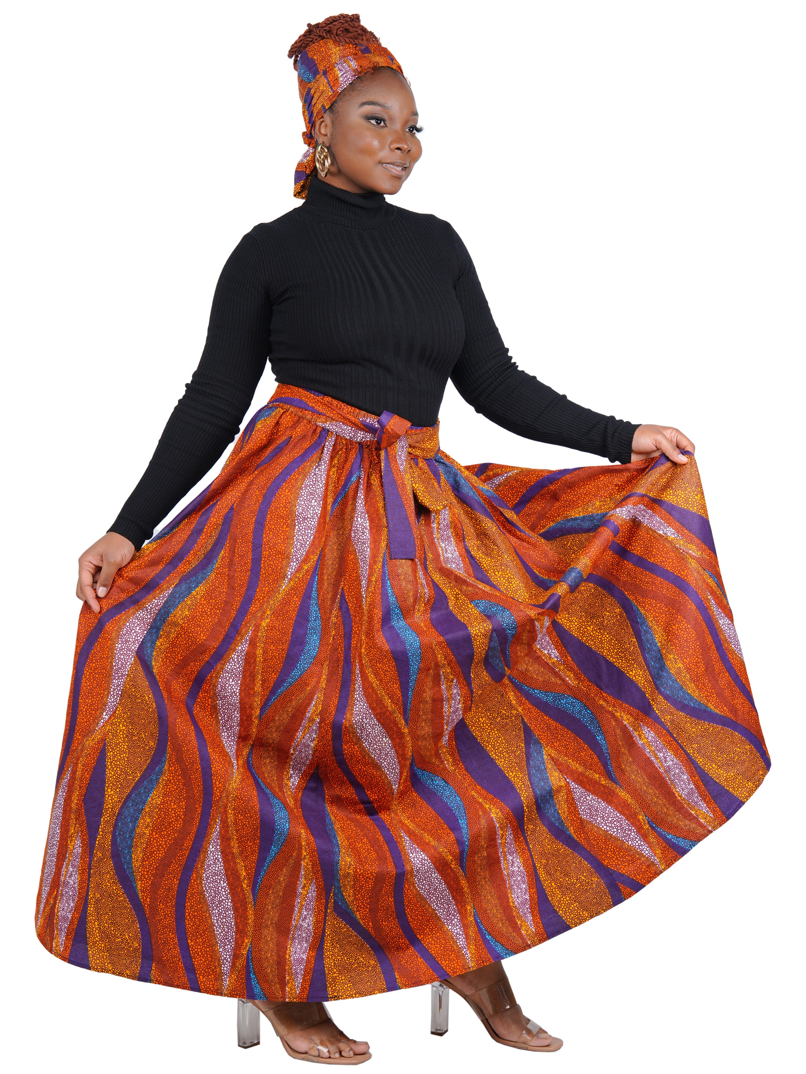 African Long Maxi Skirt 100% Cotton w/ Pockets &amp; Headwrap One Size 41” Length