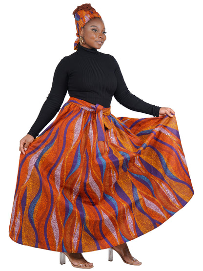 African Long Maxi Skirt 100% Cotton w/ Pockets &amp; Headwrap One Size 41” Length