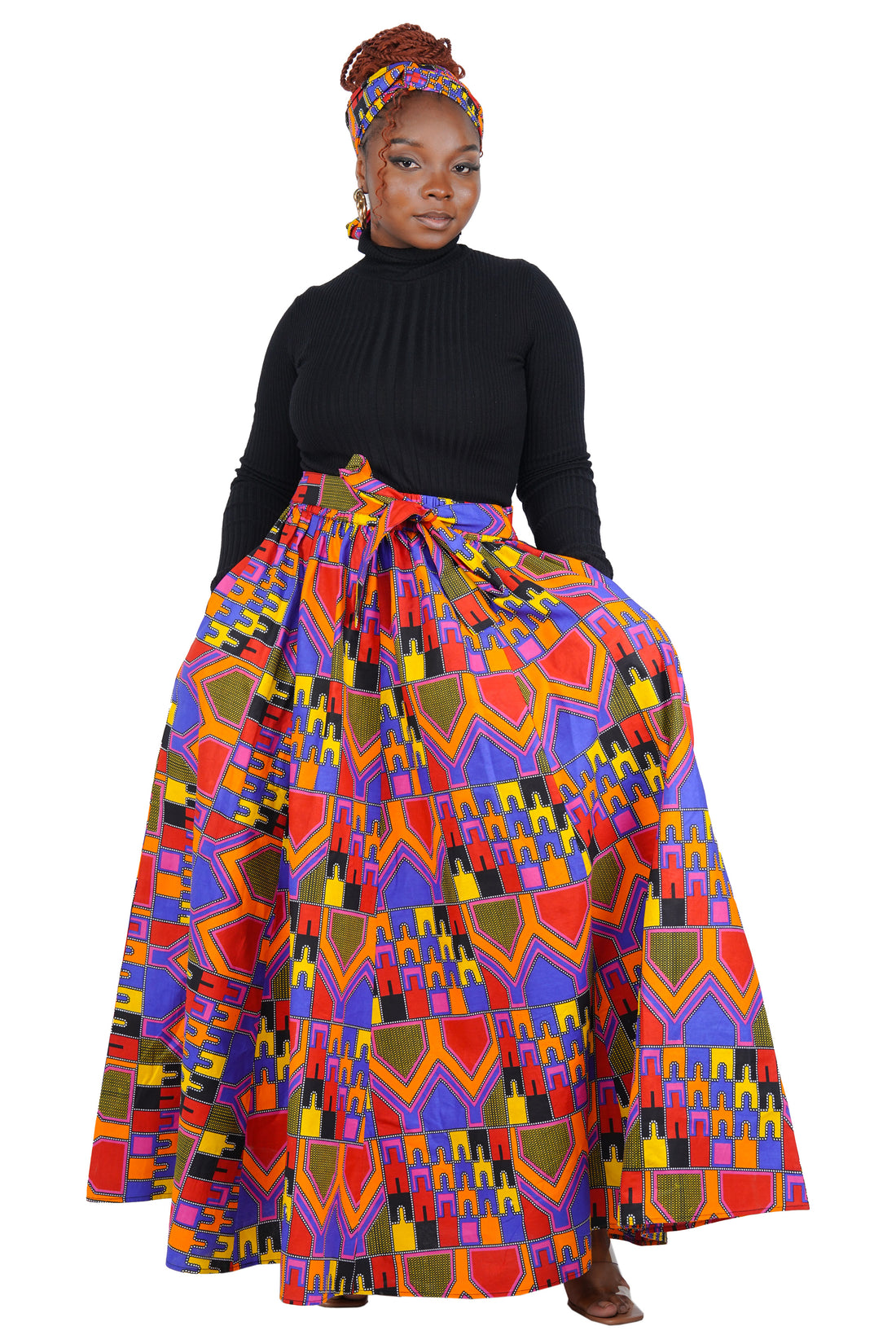 African Long Maxi Skirt 100% Cotton w/ Pockets &amp; Headwrap One Size 41” Length