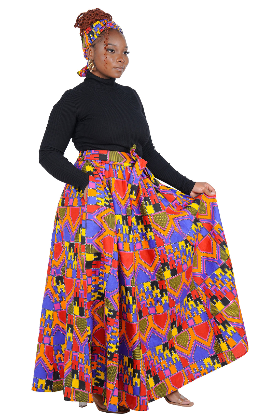 African Long Maxi Skirt 100% Cotton w/ Pockets &amp; Headwrap One Size 41” Length