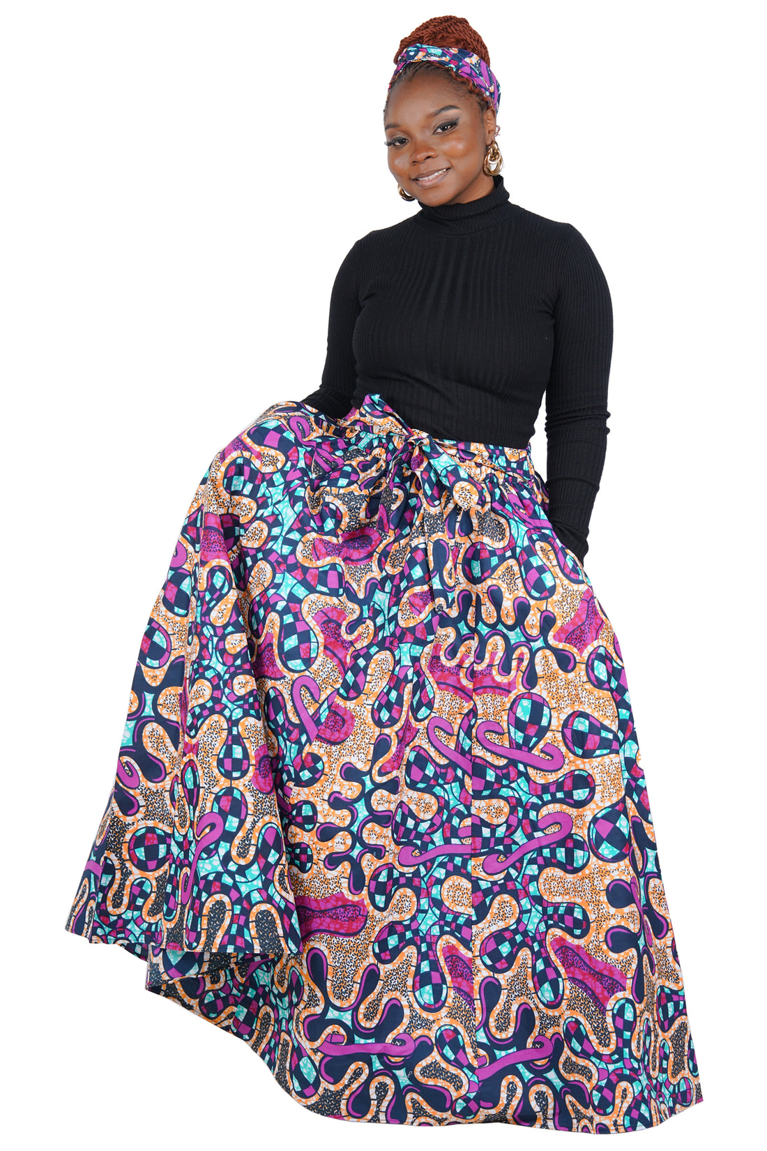 African Long Maxi Skirt 100% Cotton w/ Pockets &amp; Headwrap One Size 41” Length