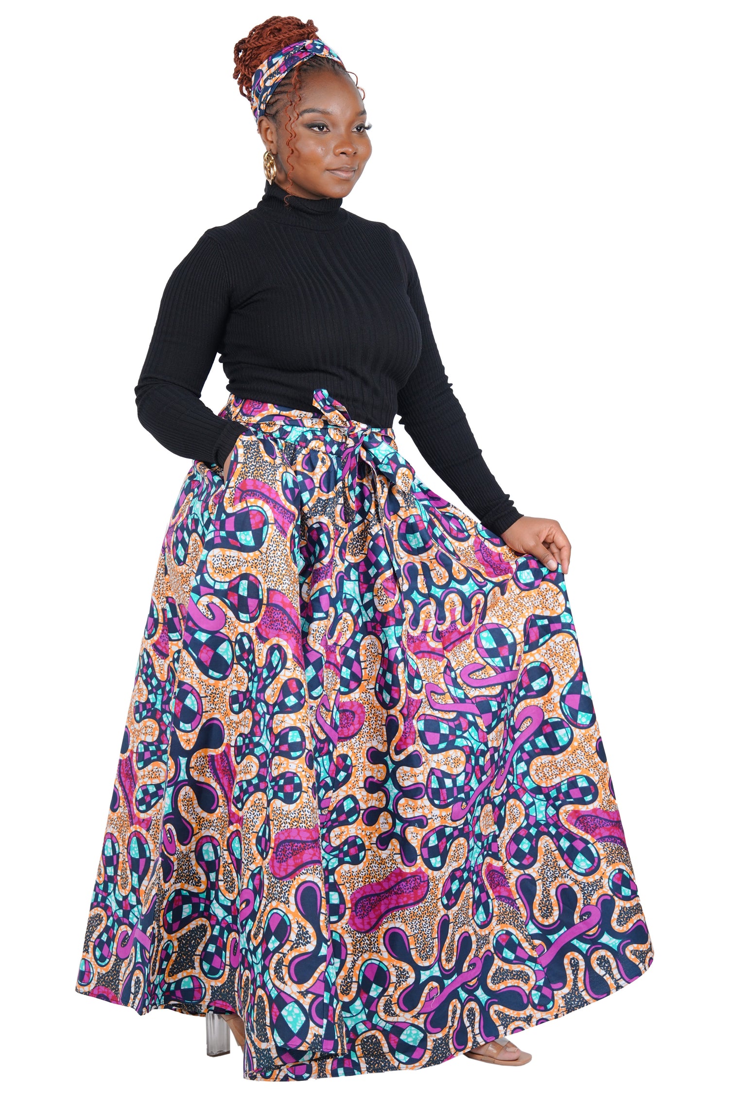 African Long Maxi Skirt 100% Cotton w/ Pockets &amp; Headwrap One Size 41” Length