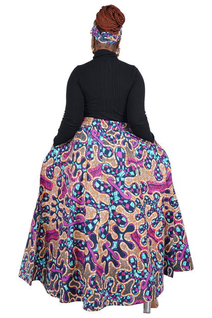 African Long Maxi Skirt 100% Cotton w/ Pockets &amp; Headwrap One Size 41” Length