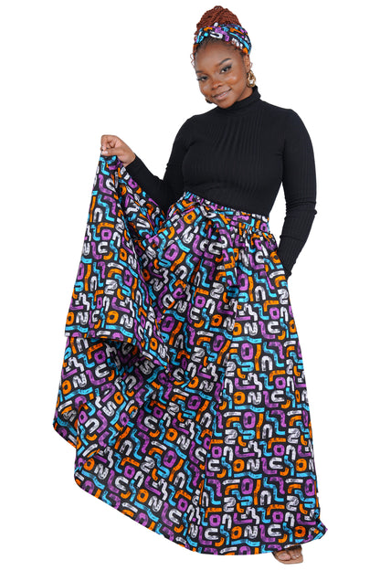 African Long Maxi Skirt 100% Cotton w/ Pockets &amp; Headwrap One Size 41” Length