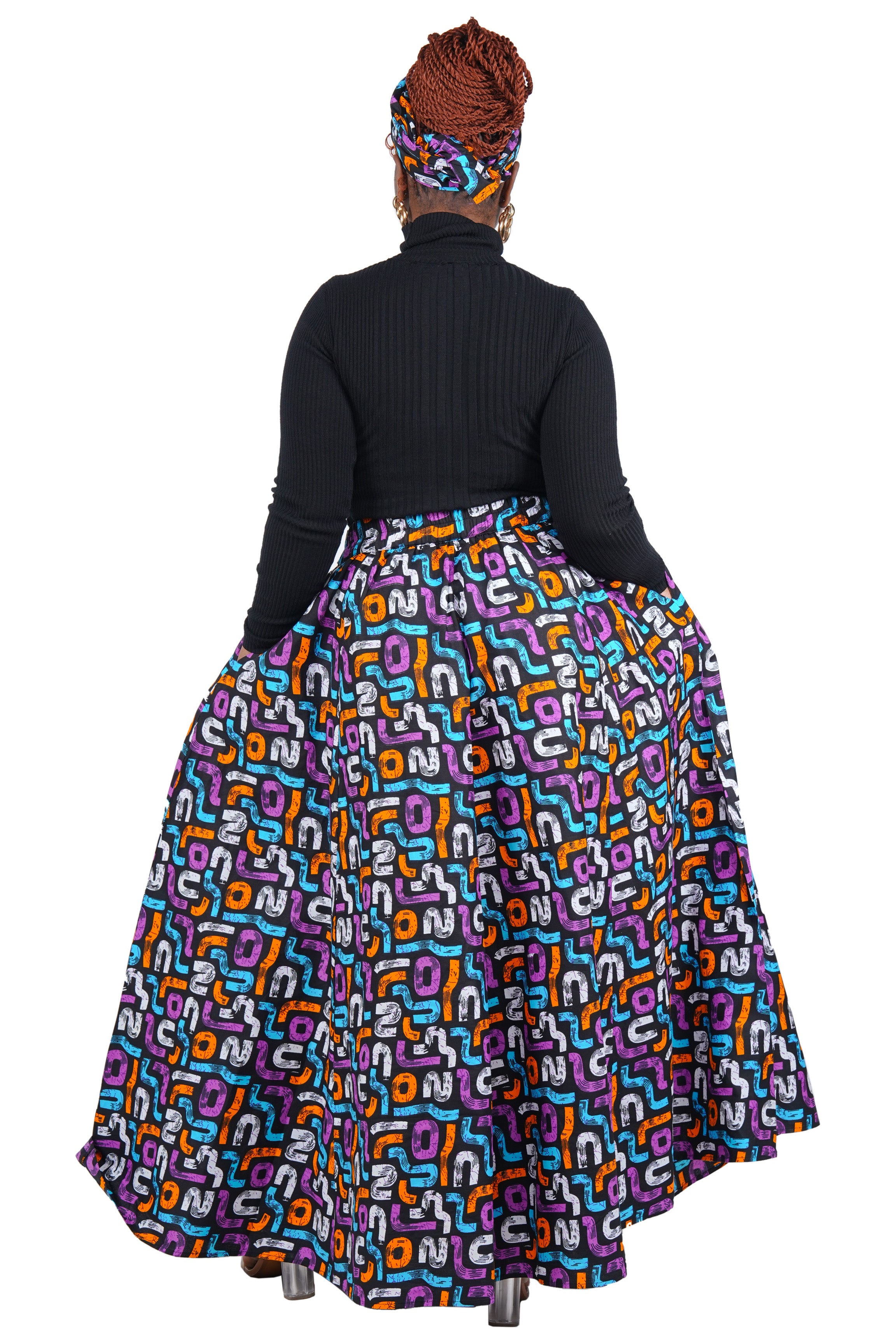 African Long Maxi Skirt 100% Cotton w/ Pockets &amp; Headwrap One Size 41” Length