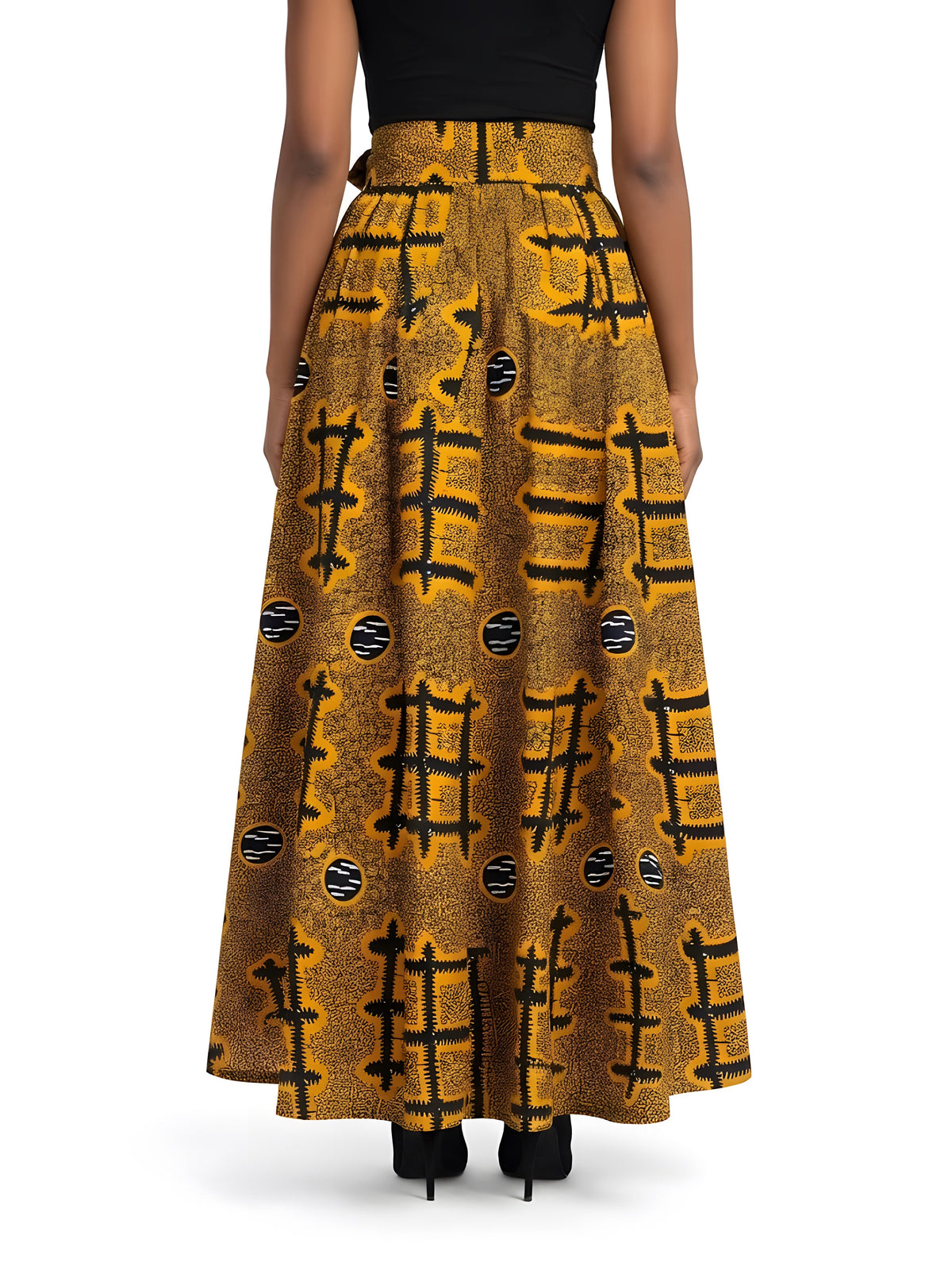 Back view of long African print cotton maxi skirt with eight-panel construction