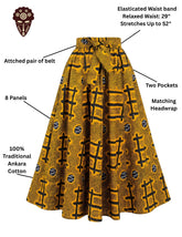 Back view of long African print cotton maxi skirt with eight-panel construction