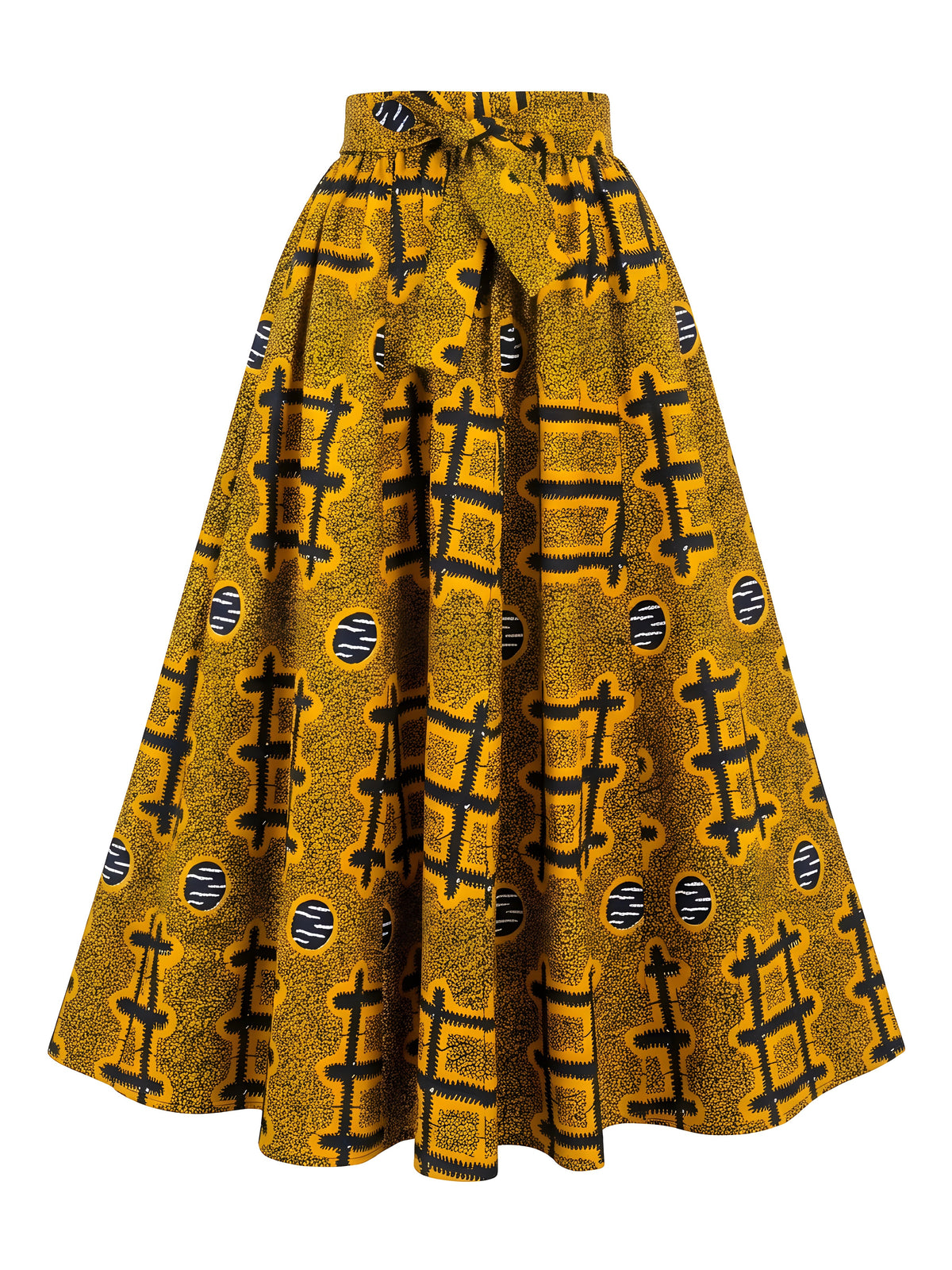 Model wearing African print maxi skirt with matching headwrap styled with a coordinating top