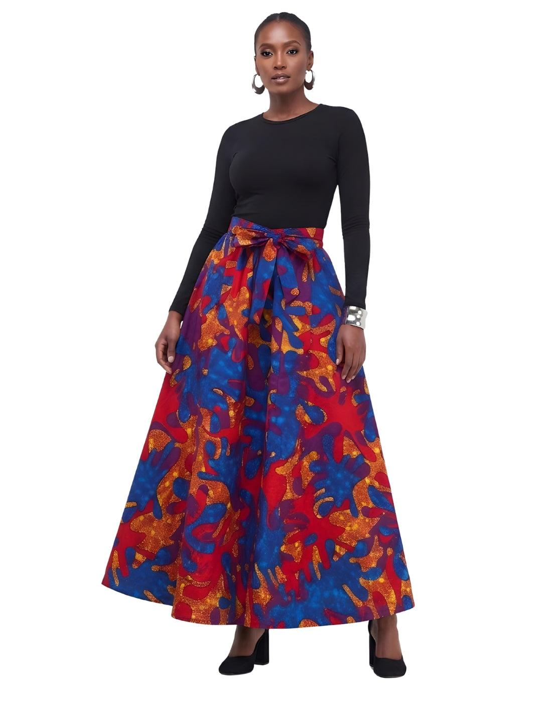 African print 8-panel maxi skirt for women with matching headwrap, front view