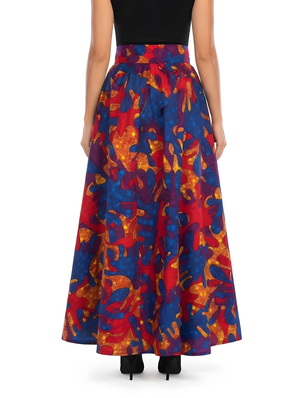 Back view of long African print cotton maxi skirt with eight-panel construction