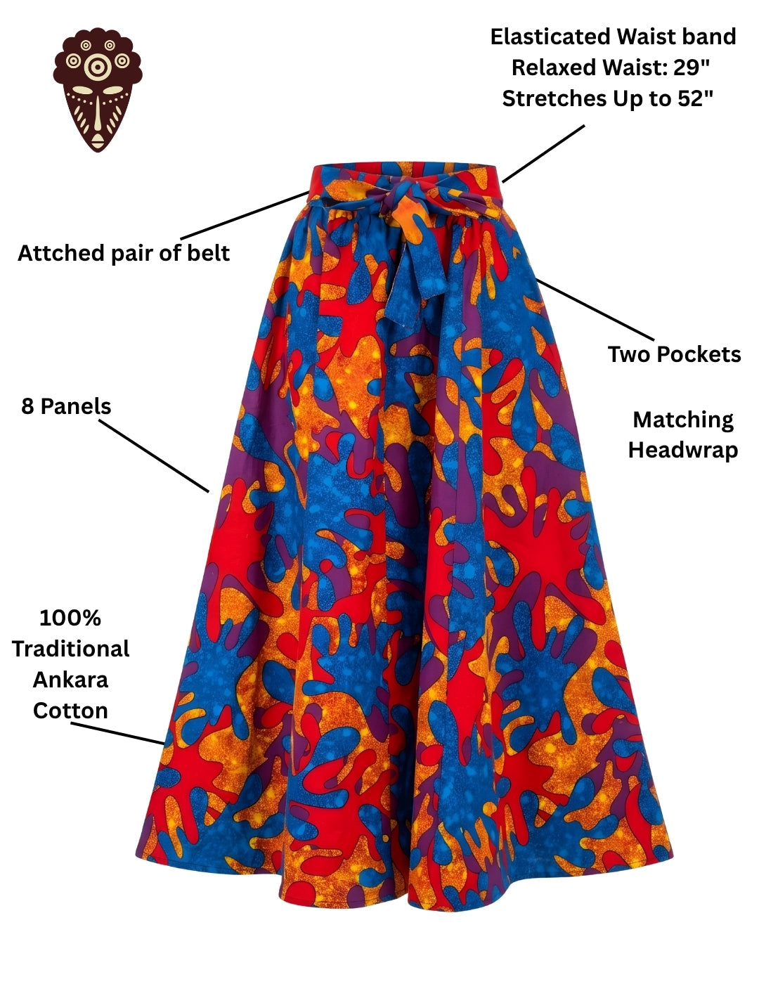 Side view of African print 41-inch maxi skirt showing pockets and eight-panel design